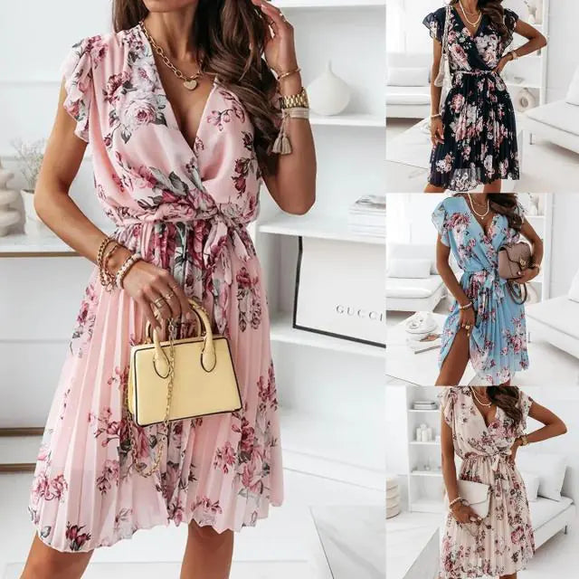 Summer Casual Floral Print Ruffle Trimmed Dress With Decorative Bow
