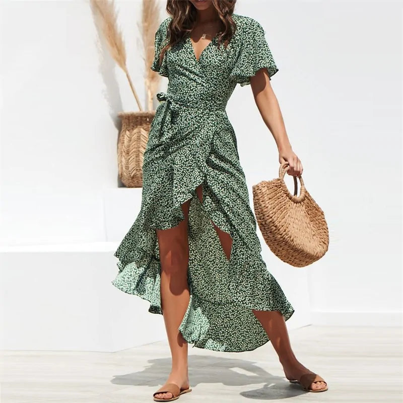 Summer Beach Maxi Dress Women Floral Print V-Neck