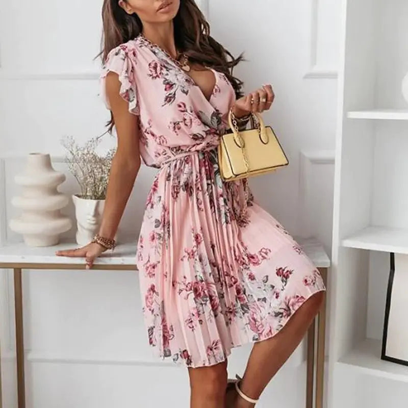 Summer Casual Floral Print Ruffle Trimmed Dress With Decorative Bow