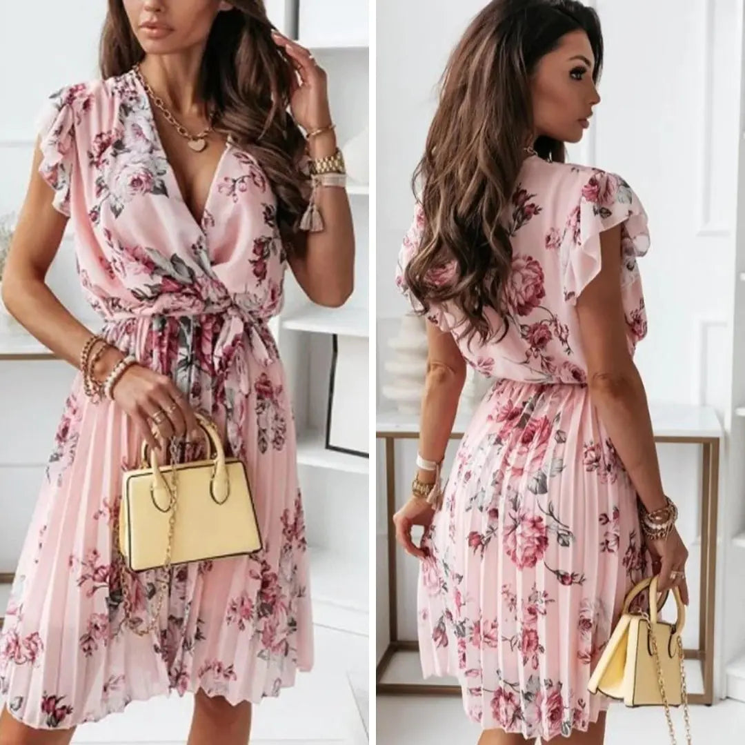 Summer Casual Floral Print Ruffle Trimmed Dress With Decorative Bow