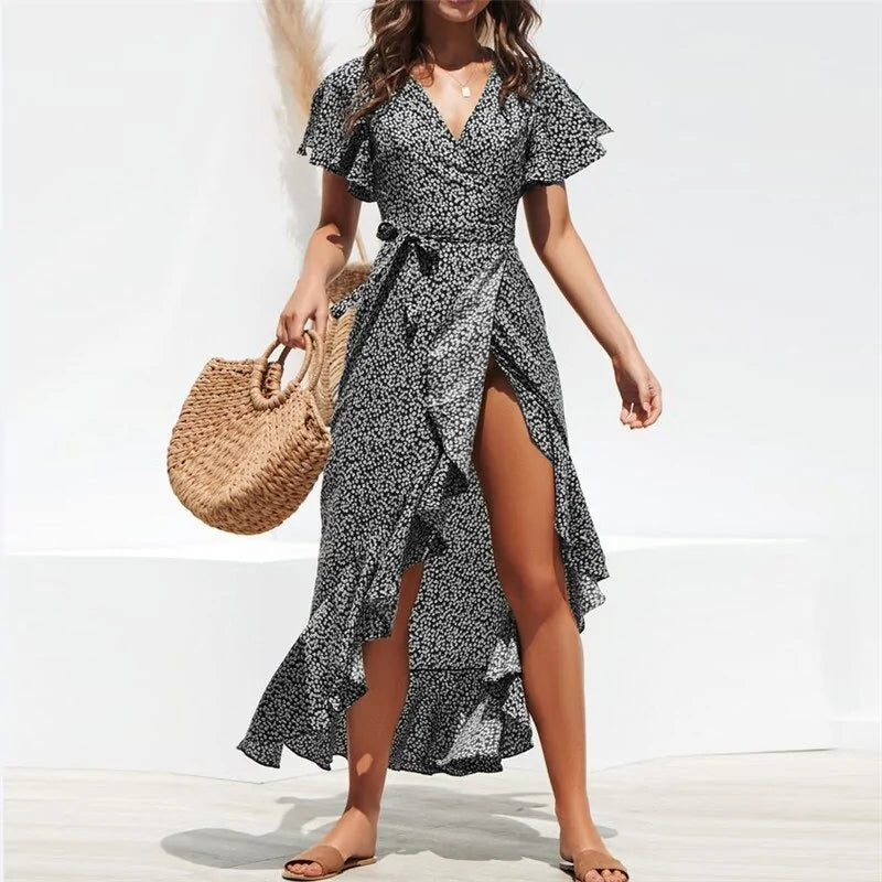 Summer Beach Maxi Dress Women Floral Print V-Neck